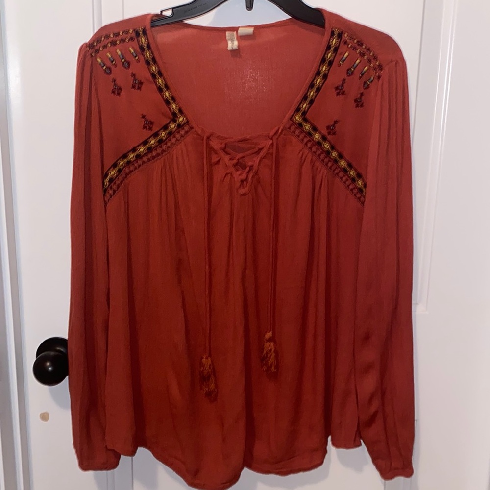 Japna Rust Embroidered Lace Neck Long Sleeve Peasant Blouse